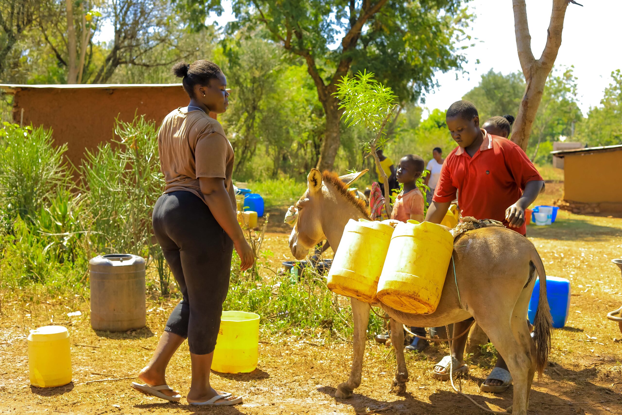 Women and girls collecting water at the community borehole
